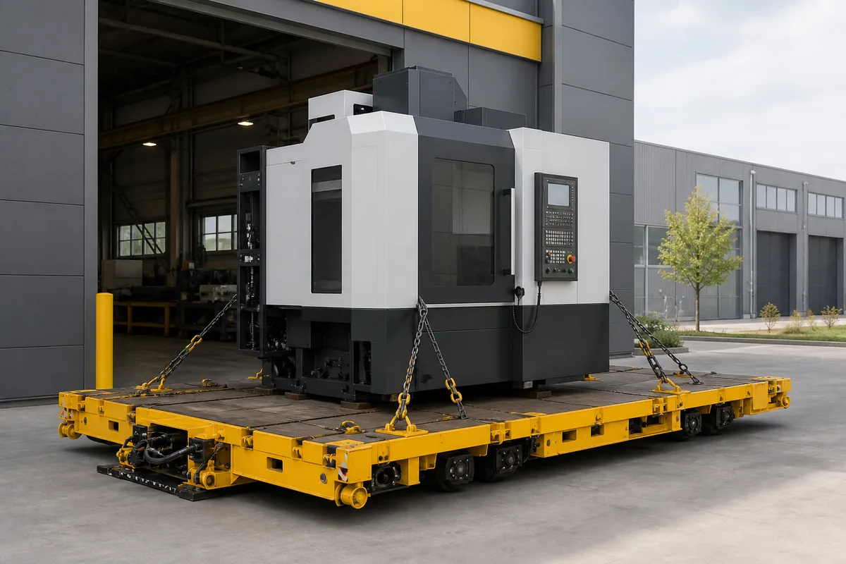 CNC ipari gép biztonságosan rögzítve szállítóplatformon